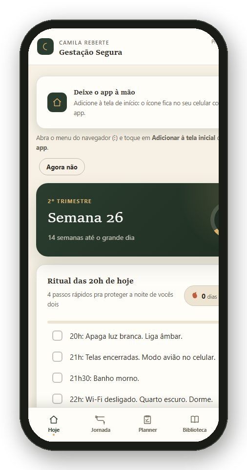 Tela Hoje do app, com a semana atual e o ritual das 20h