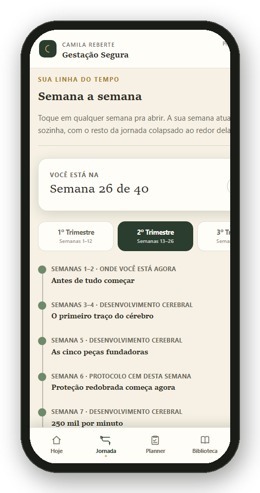 Tela Jornada do app, com a linha do tempo semana a semana