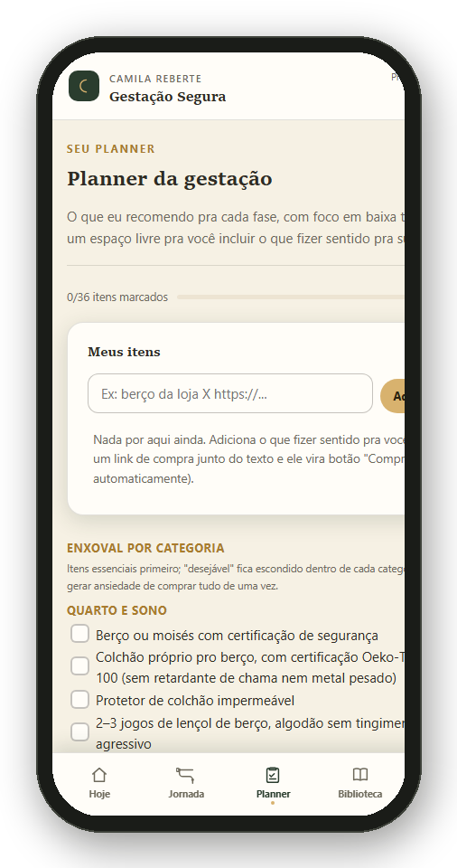 Tela Planner do app, com o checklist de enxoval por categoria